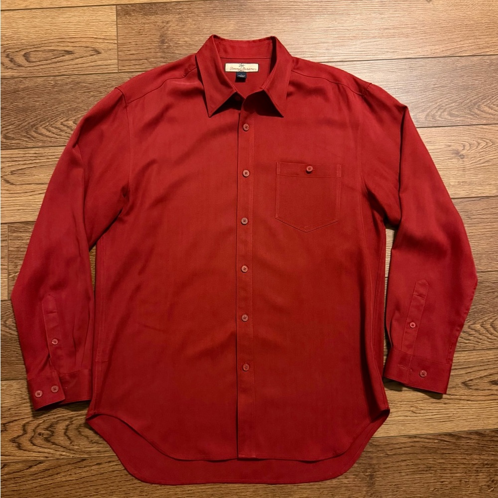 Tommy Bahama Men's Red Silk Herringbone Button-Up Shirt‎ L Long Sleeve